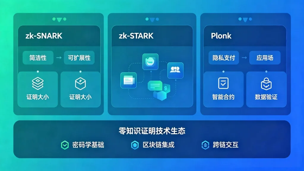 该配图通过可视化图表对比了 zk-SNARK、zk-STARK、Plonk 三大主流零知识证明协议的特性与应用场景,直观呈现了零知识证明的技术生态与落地方向。