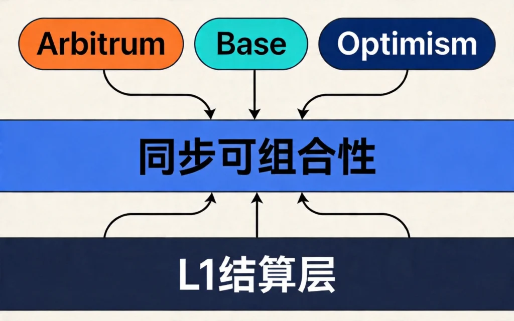 米白色背景的三层技术架构图，顶层为L2标签（Arbitrum、Base、Optimism），中层为"同步可组合性"框架层，底层为"L1结算层"，通过双向箭头连接展示原子化交易和实时证明的技术逻辑