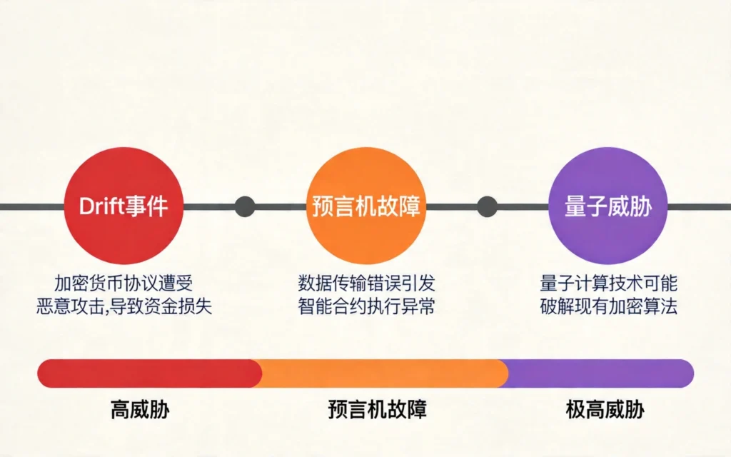 米白色背景的横向时间轴,标注三个安全事件节点:左侧红色"Drift事件"(协议攻击)、中间橙色"预言机故障"(数据异常)、右侧紫色"量子威胁"(加密破解),底部有威胁等级色带,清晰展示2026年区块链安全态势