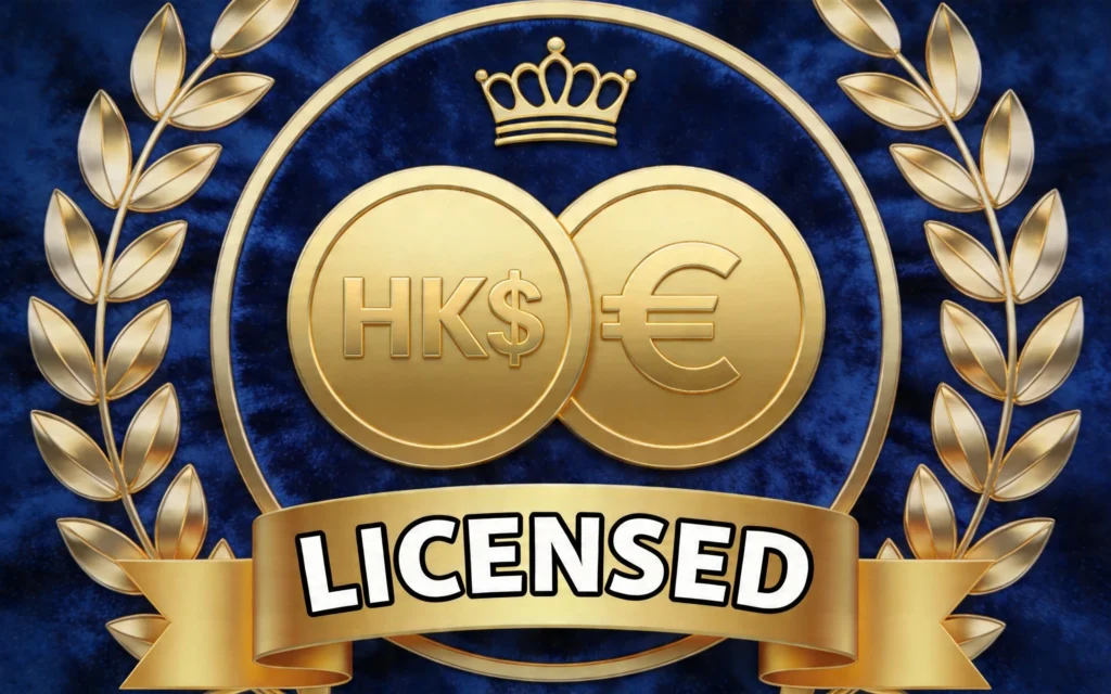 蓝色丝绒背景上的金色圆形徽章，徽章内有交叠的"HK$"和欧元符号硬币，顶部有皇冠装饰，底部金色绶带显示"LICENSED"字样，两侧环绕金色月桂枝，象征香港稳定币牌照的权威性与合规性