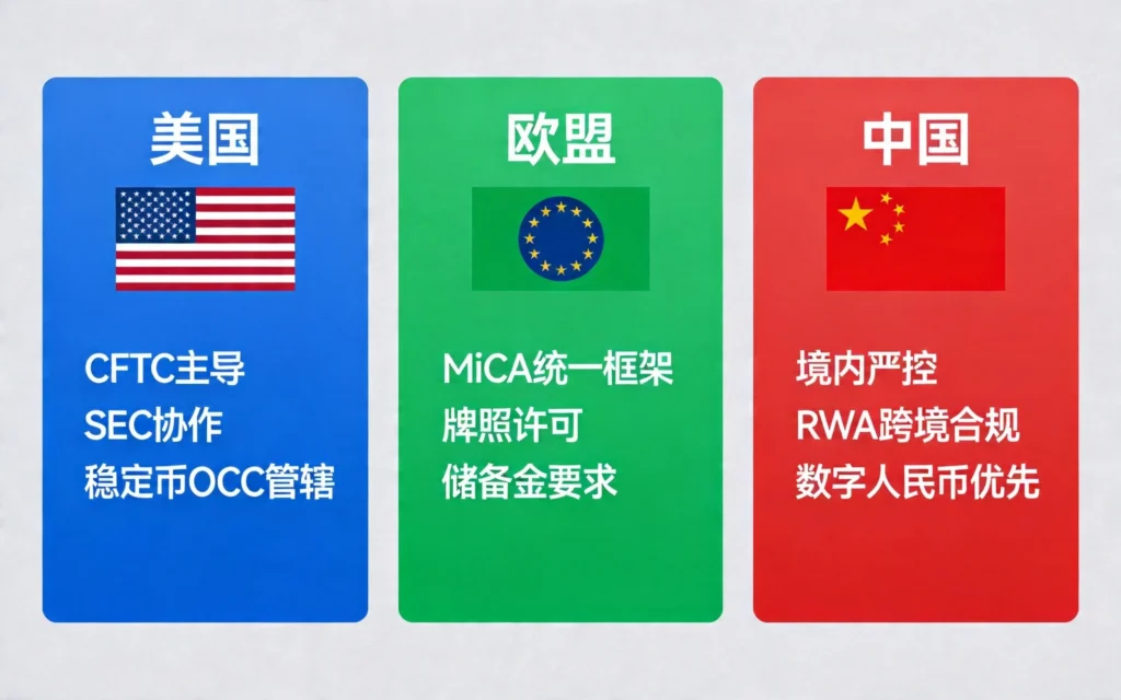 浅灰色背景的三栏对比图,分别展示美国(蓝色卡片,CFTC主导/SEC协作/稳定币OCC管辖)、欧盟(绿色卡片,MiCA统一框架/牌照许可/储备金要求)、中国(红色卡片,境内严控/RWA跨境合规/数字人民币优先)三大监管框架的核心要点