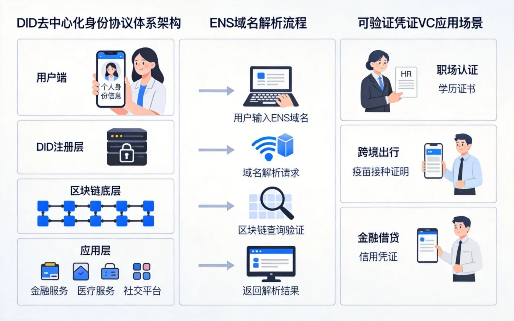 DID去中心化身份协议体系与ENS域名解析及可验证凭证应用架构图