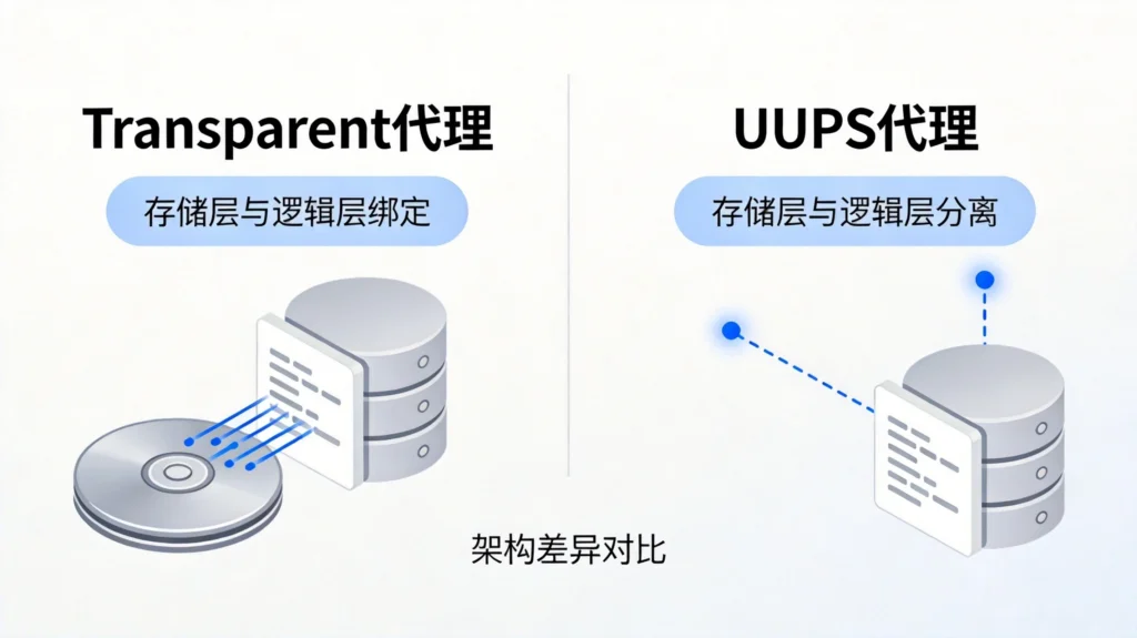 Transparent代理与UUPS代理两种模式的架构差异及存储层逻辑层分离结构图