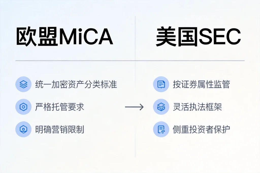 欧盟MiCA与美国SEC监管政策对比信息图