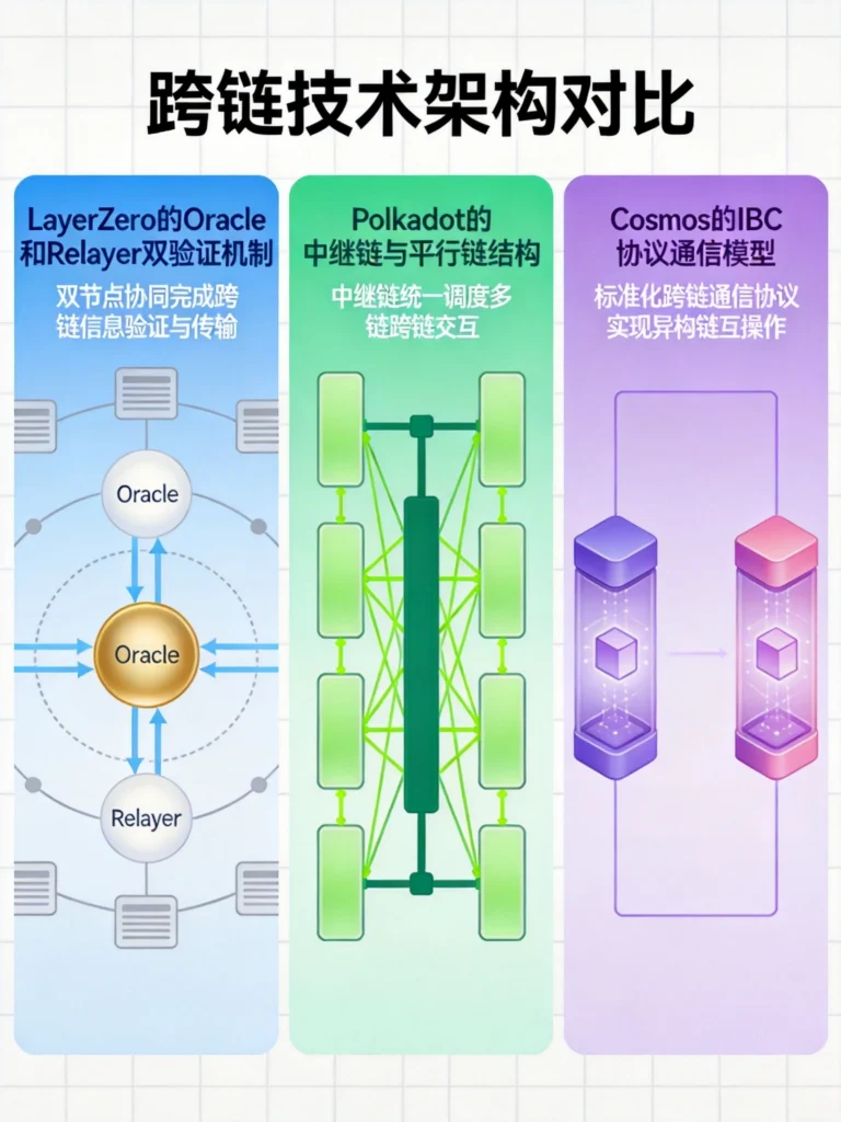 跨链技术架构对比图,清晰展示LayerZero、Polkadot、Cosmos三种主流跨链方案的技术原理
