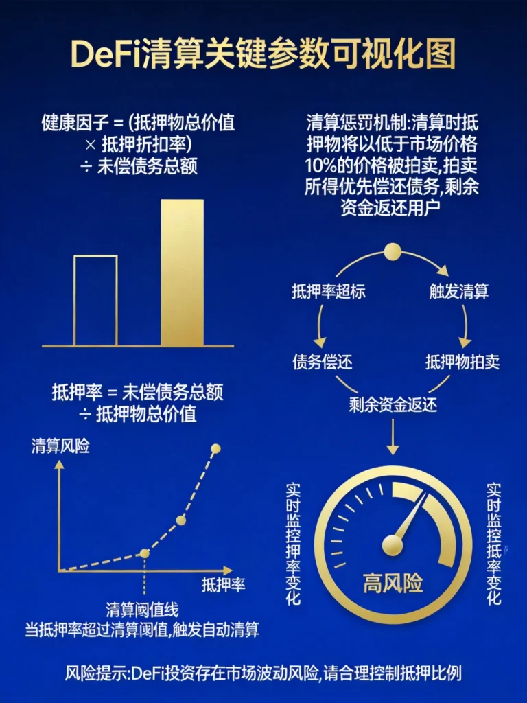 DeFi清算关键参数可视化图,清晰展示健康因子计算公式、抵押率与清算阈值关系