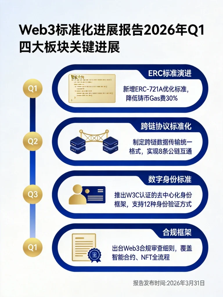 Web3标准化进展信息图,展示2026年Q1四大领域的关键技术规范进展