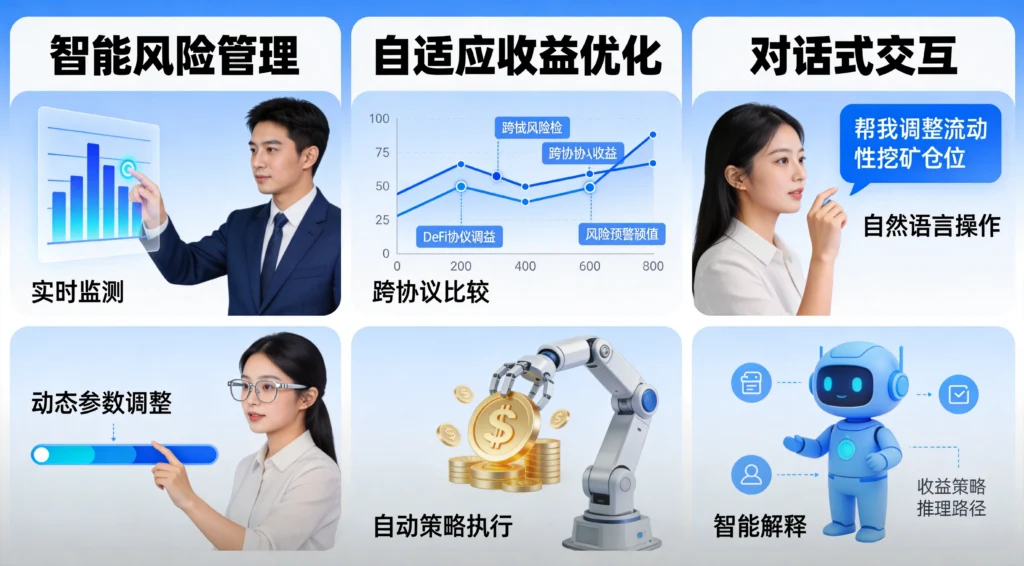 AI在DeFi三大核心应用场景，智能风险监测、跨协议收益优化、自然语言交互操作