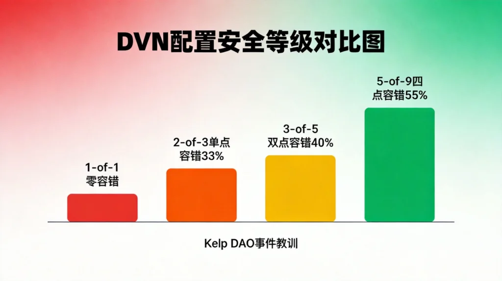 DVN配置安全等级对比图,从1-of-1零容错到5-of-9四点容错的跨链验证方案