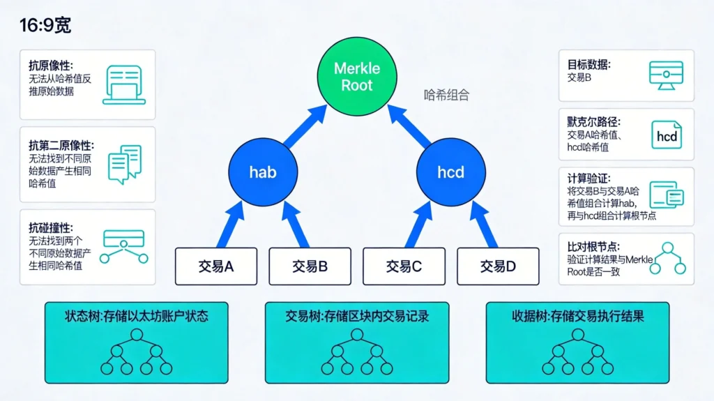 Merkle树构建过程与默克尔证明验证流程,哈希函数三大特性保障数据安全