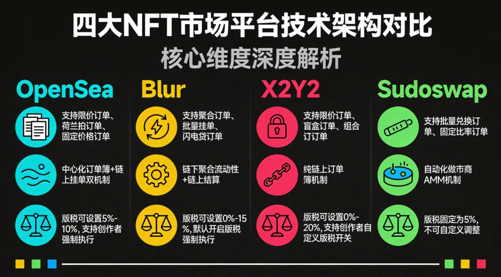 主流NFT交易平台功能特性对比图,涵盖订单类型、交易协议与NFT聚合器机制