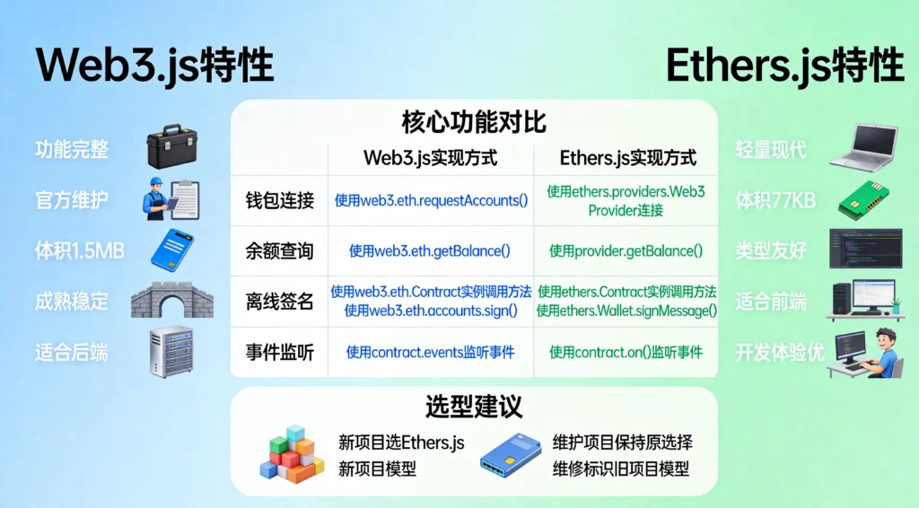Web3.js体积1.5MB vs Ethers.js体积77KB,核心功能与选型建议对比