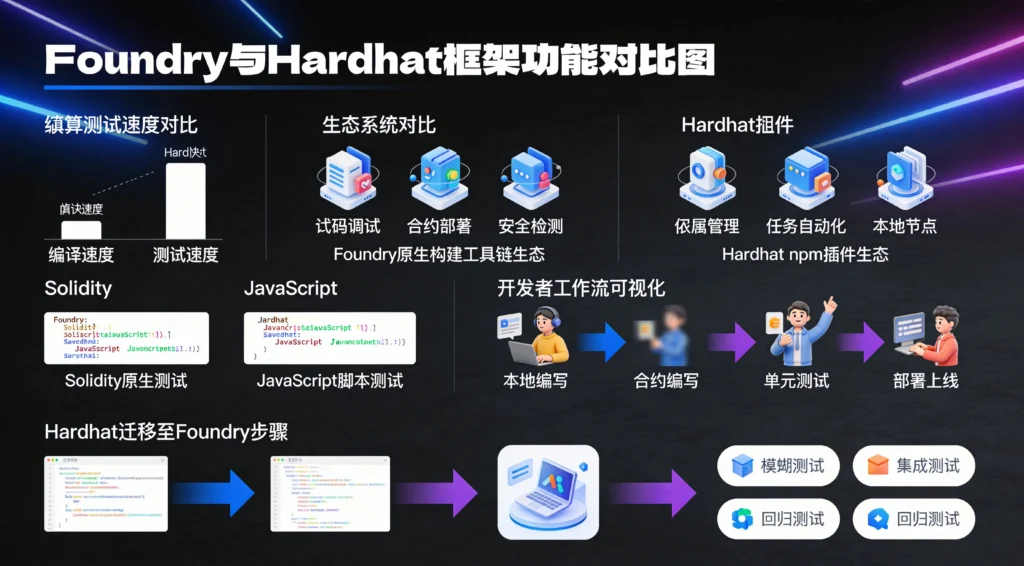 Foundry与Hardhat性能指标对比，Solidity开发框架测试速度与生态成熟度可视化分析