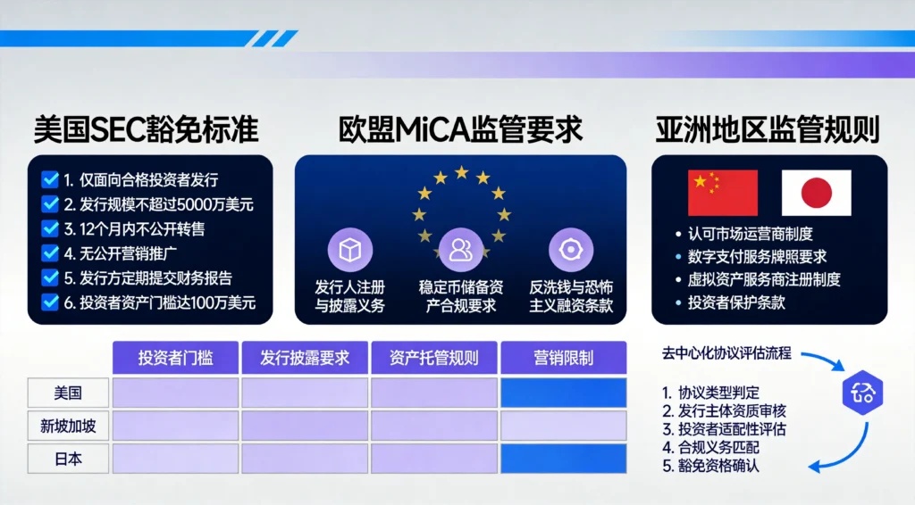 SEC豁免与MiCA合规要求对比，全球Web3监管框架差异可视化分析