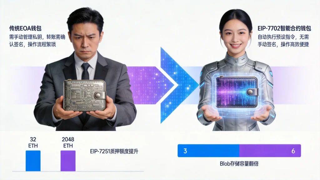 EIP-7702账户抽象与EIP-7251质押上限技术对比,以太坊Pectra升级关键改进可视化