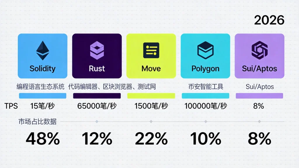 以太坊vs Solana vs BNB Chain vs Polygon公链开发者生态对比，涵盖开发语言、工具链与市场份额维度。