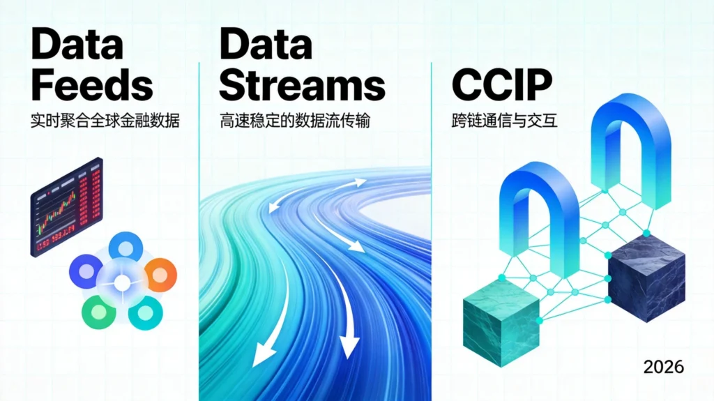 Chainlink生态三大核心服务Data Feeds、Data Streams与CCIP的数据基础设施架构对比图。