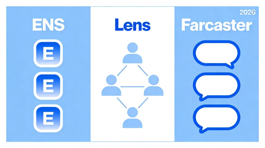 ENS、Lens Protocol与Farcaster三大去中心化身份协议对比架构图。