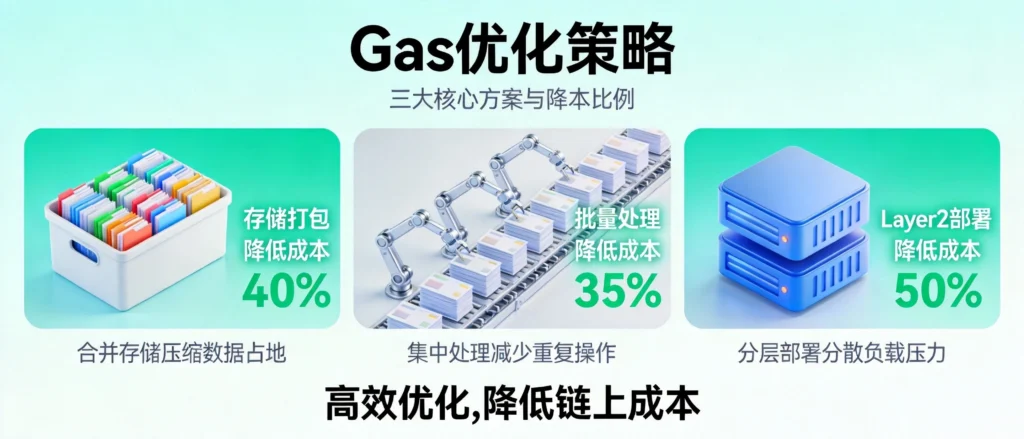 Gas优化策略对比信息图，存储打包与批量处理及Layer2部署降费效果示意图