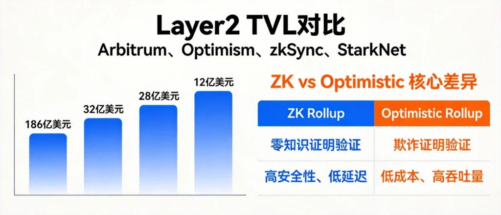 Layer2 TVL对比信息图，Arbitrum与Optimism及zkSync锁仓量与ZK系乐观系差异示意图