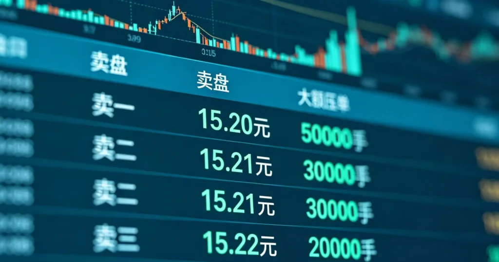 股票盘口界面,买盘位置展示大额托单,呈现诱多陷阱。