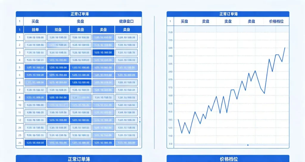正常市场与锯齿市场盘口对比,流动性不足的直观表现