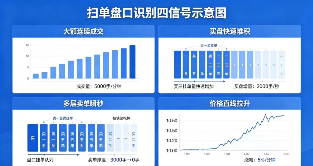 扫单盘口识别信号,呈现大额连续成交、多层卖单瞬秒等扫单典型盘口表现