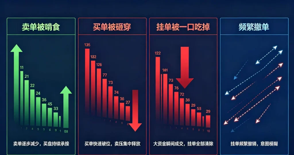 盘口行为对比示意图,清晰呈现四种盘口行为的差异。