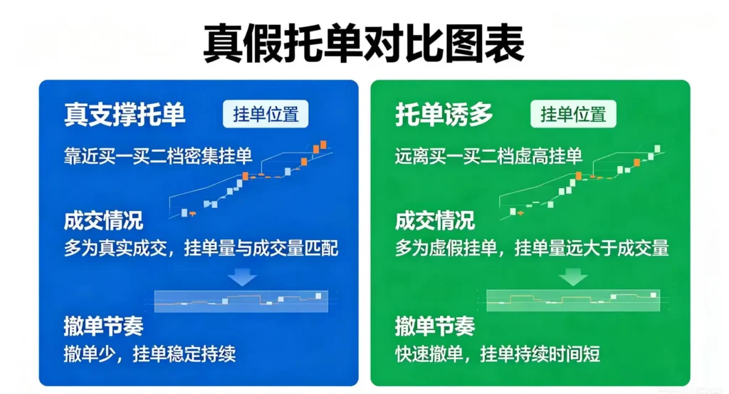 真假托单对比,展示真支撑和托单诱多在挂单位置、成交情况和撤单节奏上的差异
