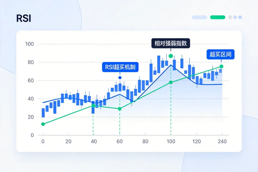 蓝绿科技风格RSI超买钝化形成机制与趋势原理图,强势单边行情指标失效过程解析