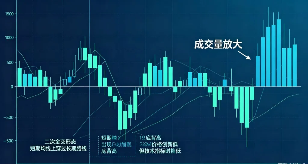 K 线图展示零轴下二次金叉搭配底背离,标注成交量放大信号