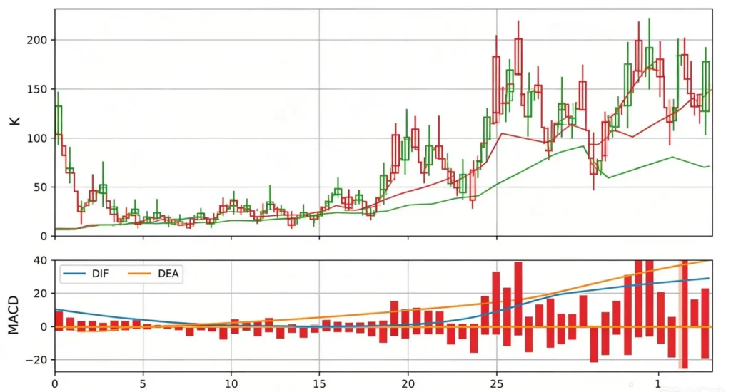 股票 K 线与 MACD 指标展示空中加油形态,DIF 线即将死叉后拐头向上