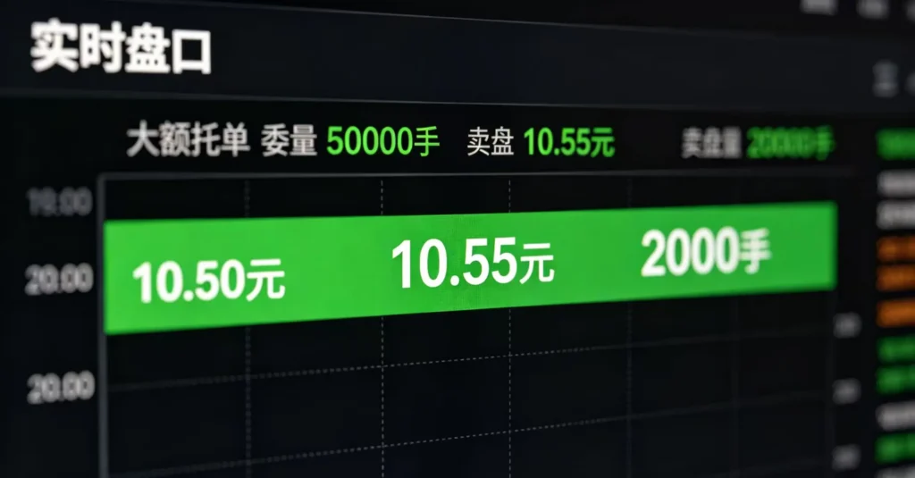 股票盘口界面,卖盘位置展示大额压单,呈现诱空陷阱。