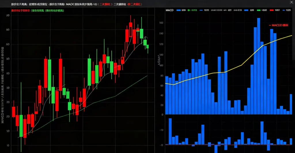K 线搭配 MACD 指标,展示高位背离后的假二次翻红走势。