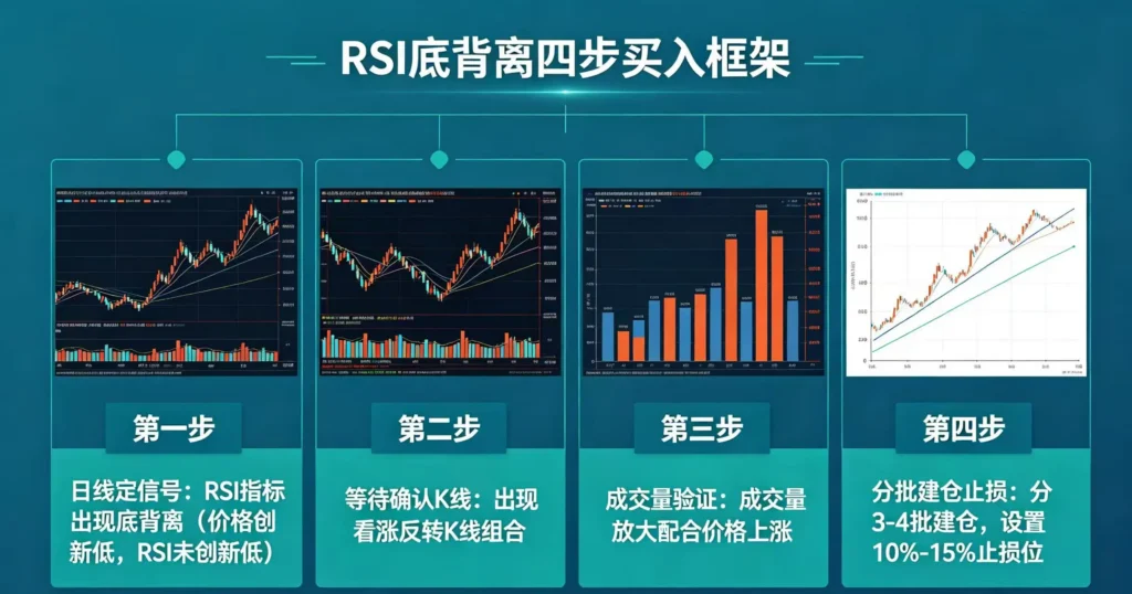 RSI 底背离四步买入框架,呈现日线定信号、等待确认 K 线、成交量验证和分批建仓止损四个步骤