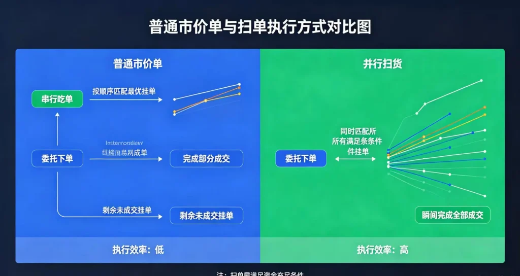 市价单和扫单执行对比,呈现串行吃单和并行扫货的区别