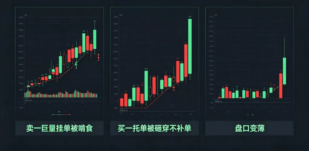 盯盘信号示意图,展示三种关键的盘口变盘信号。