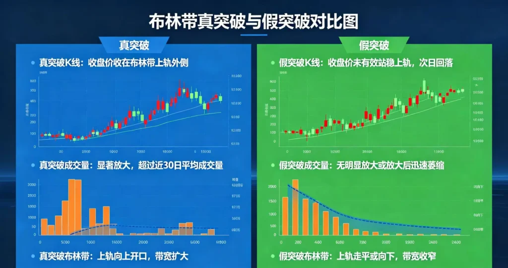 布林带真突破与假突破对比图,清晰展示两种突破的 K 线、成交量和布林带特征差异