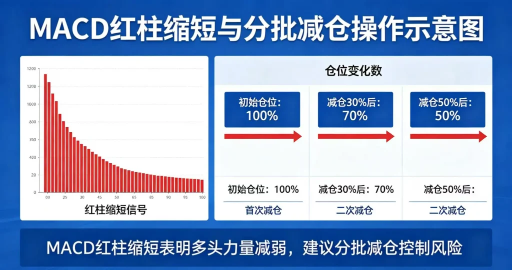 投资者依据红柱缩短信号进行分批减仓,展示仓位变化流程