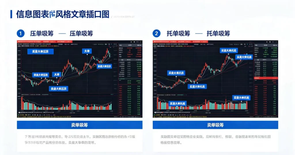 压单吸筹和托单吸筹的盘口界面,卖盘大单压顶和买盘大单托底