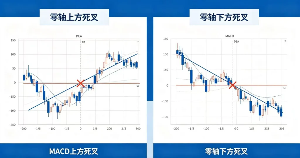 MACD 顶背离搭配死叉信号图解，短线中线长线不同周期使用对比