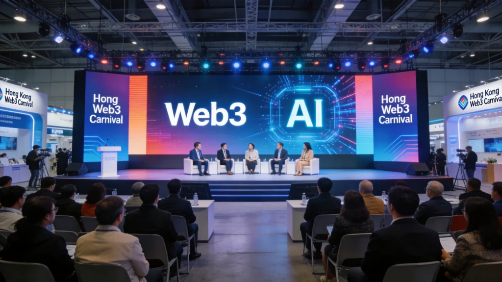 Web3基础设施：大会舞台上LED屏幕展示Web3与AI融合议题与嘉宾对话