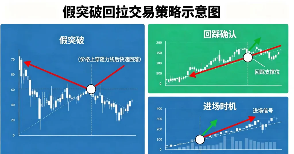 假突破回拉交易策略示意图,展示回踩确认和进场时机。