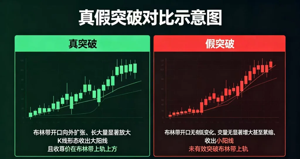 真假突破对比示意图,清晰呈现布林带开口、成交量和 K 线形态的差异。