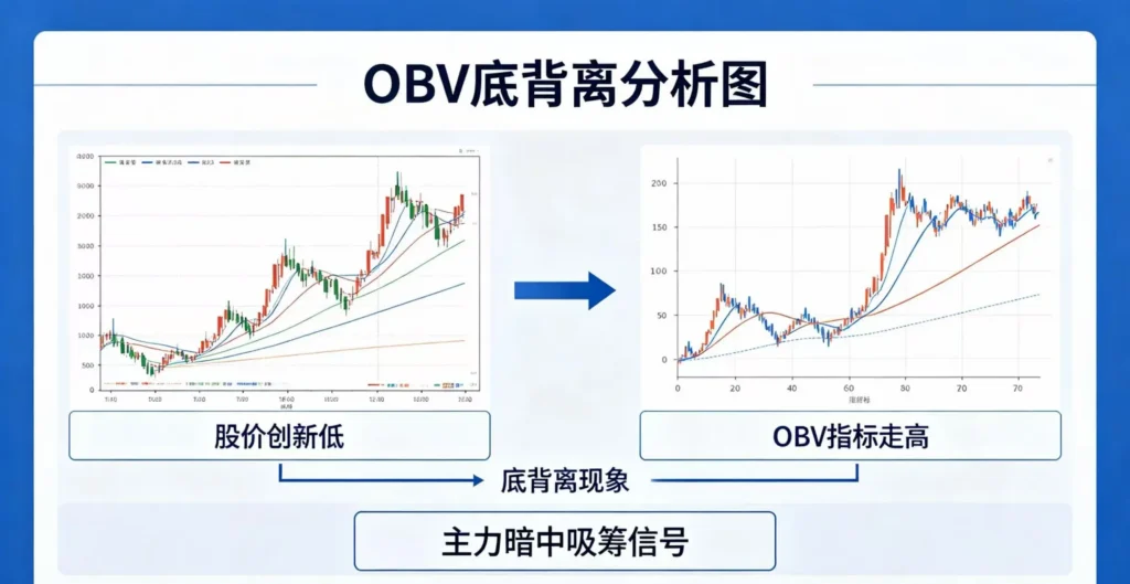 OBV 底背离,股价新低但 OBV 指标走高,主力暗中吸筹信号