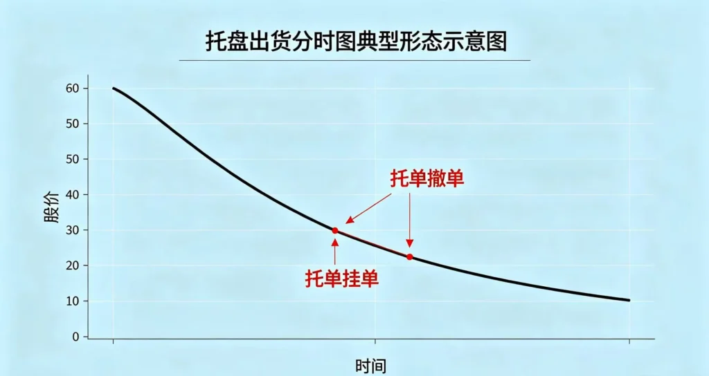 托盘出货分时图典型形态示意图,直观呈现股价缓慢下行、托单反复挂撤的分时走势
