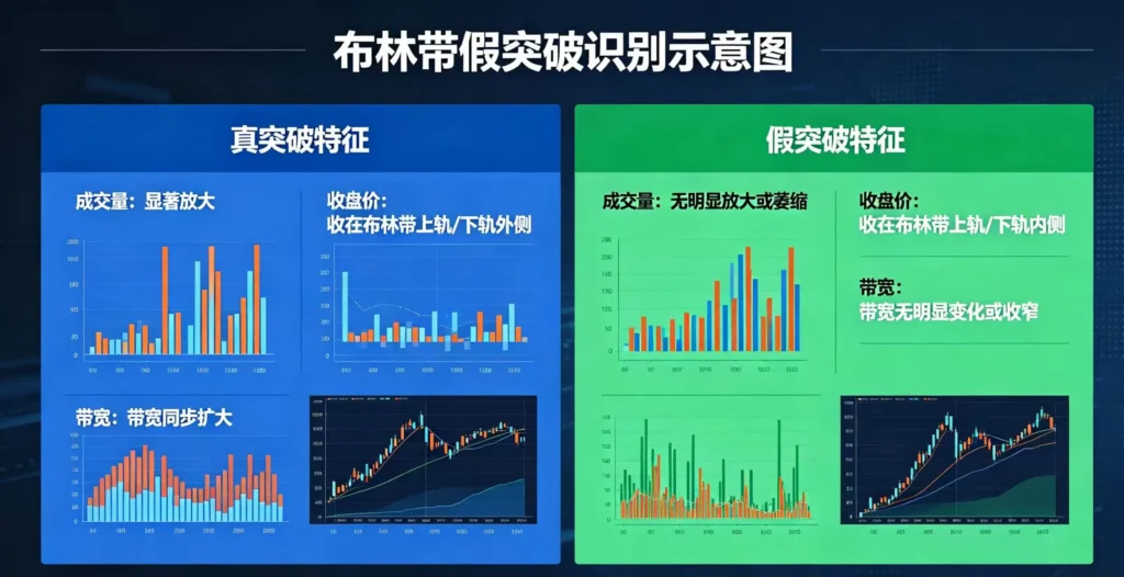 假突破识别指南,呈现真突破与假突破在成交量、收盘价和带宽上的差异
