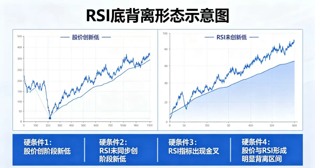 RSI 底背离形态,呈现股价创新低但 RSI 未创新低的底背离走势,标注四个硬条件
