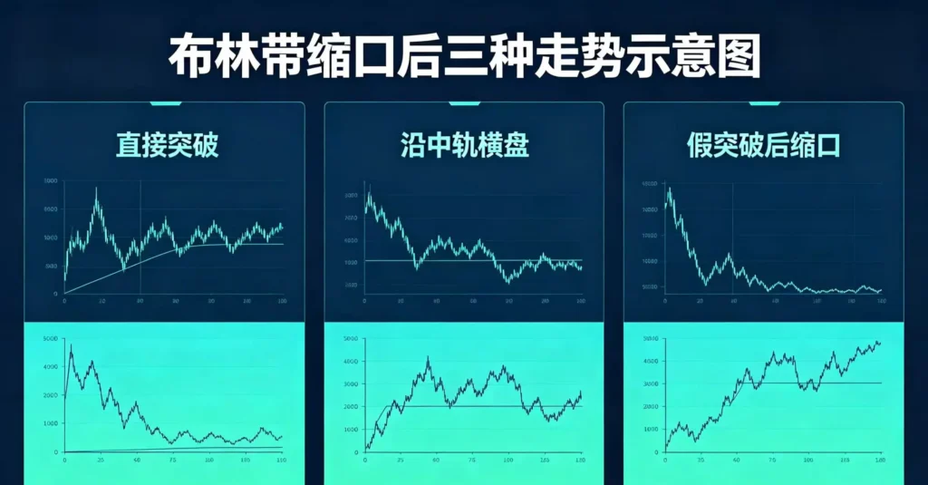 布林带缩口后三种走势示意图,直观呈现直接突破、沿中轨横盘、假突破后缩口三种形态