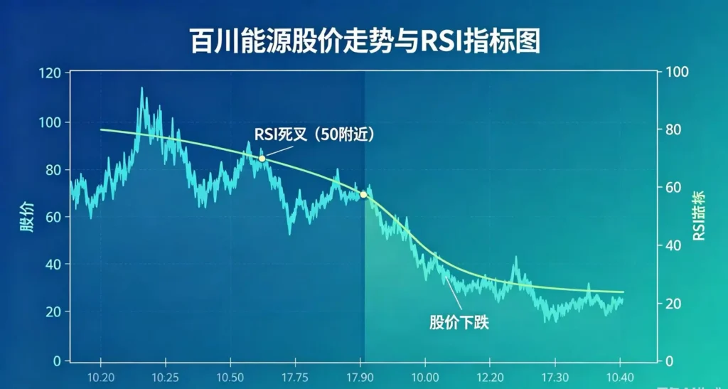 百川能源股价与 RSI 指标,RSI 在 50 附近死叉后股价下跌